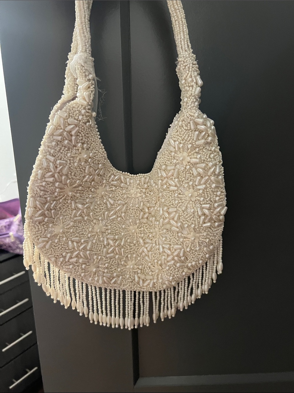 Beaded Ivory Shoulder Bag with Fringe